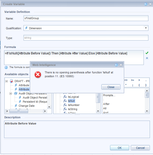 WEBI - Can't create a variable using function Screenshot of error message